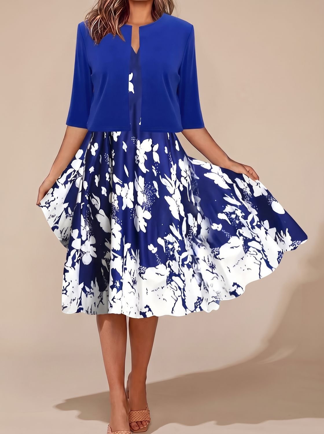 Women's Floral Border White Tailored Midi Dress Two-Piece Set - Blue