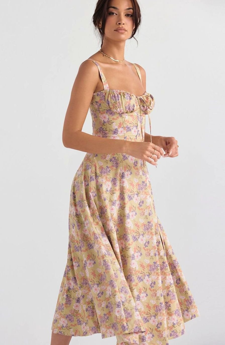 Women's Floral Bustier Midi Sundress Side Slit Skirt