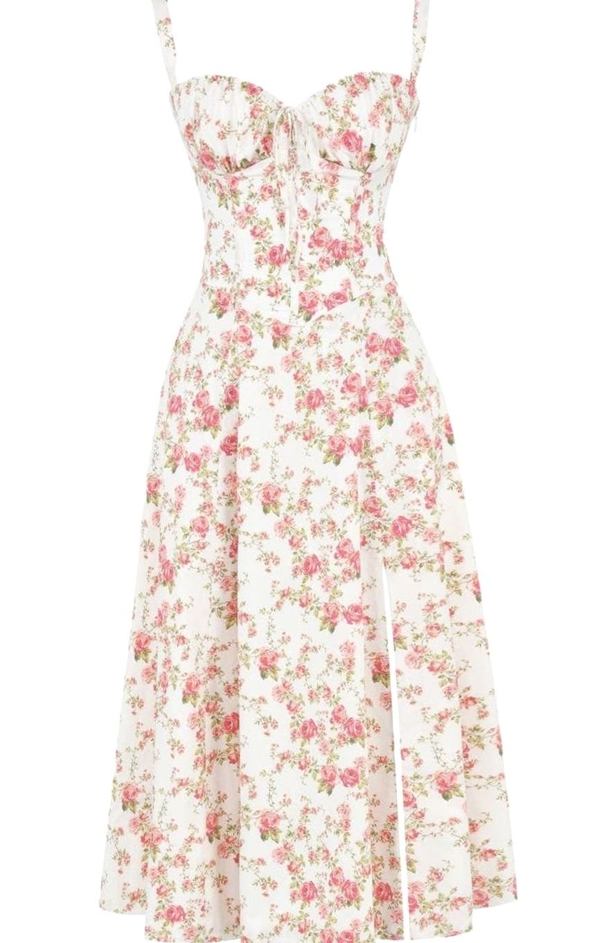 Women's Floral Bustier Midi Sundress Side Slit Skirt