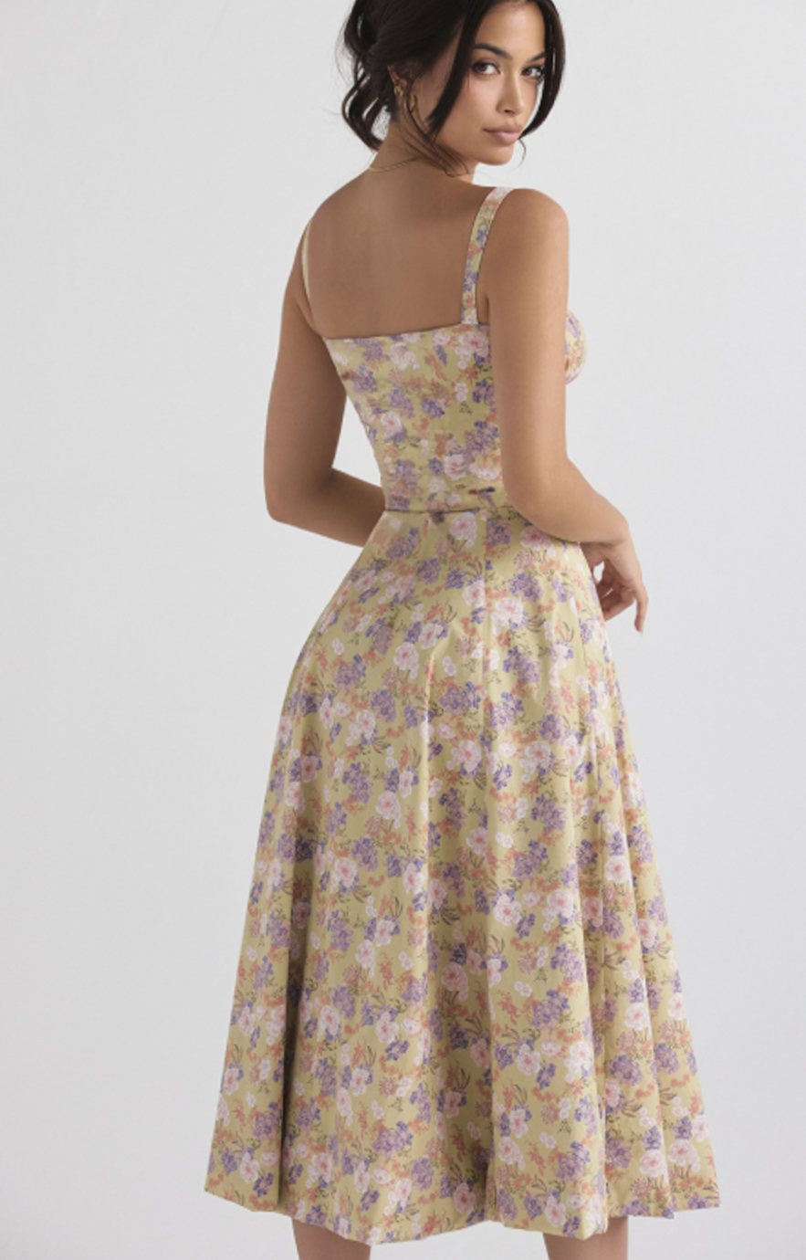 Women's Floral Bustier Midi Sundress Side Slit Skirt
