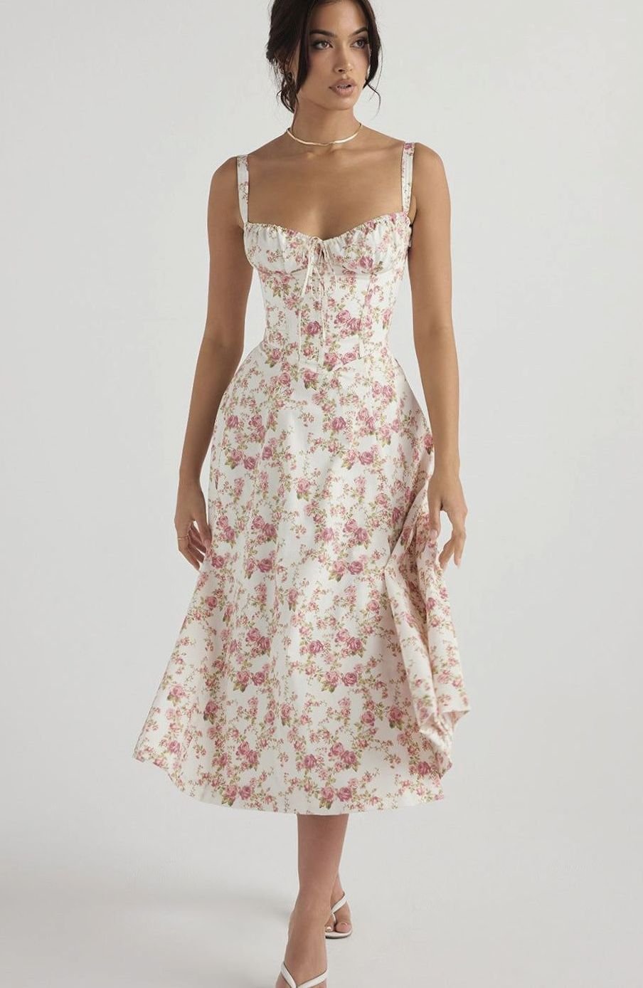 Women's Floral Bustier Midi Sundress Side Slit Skirt