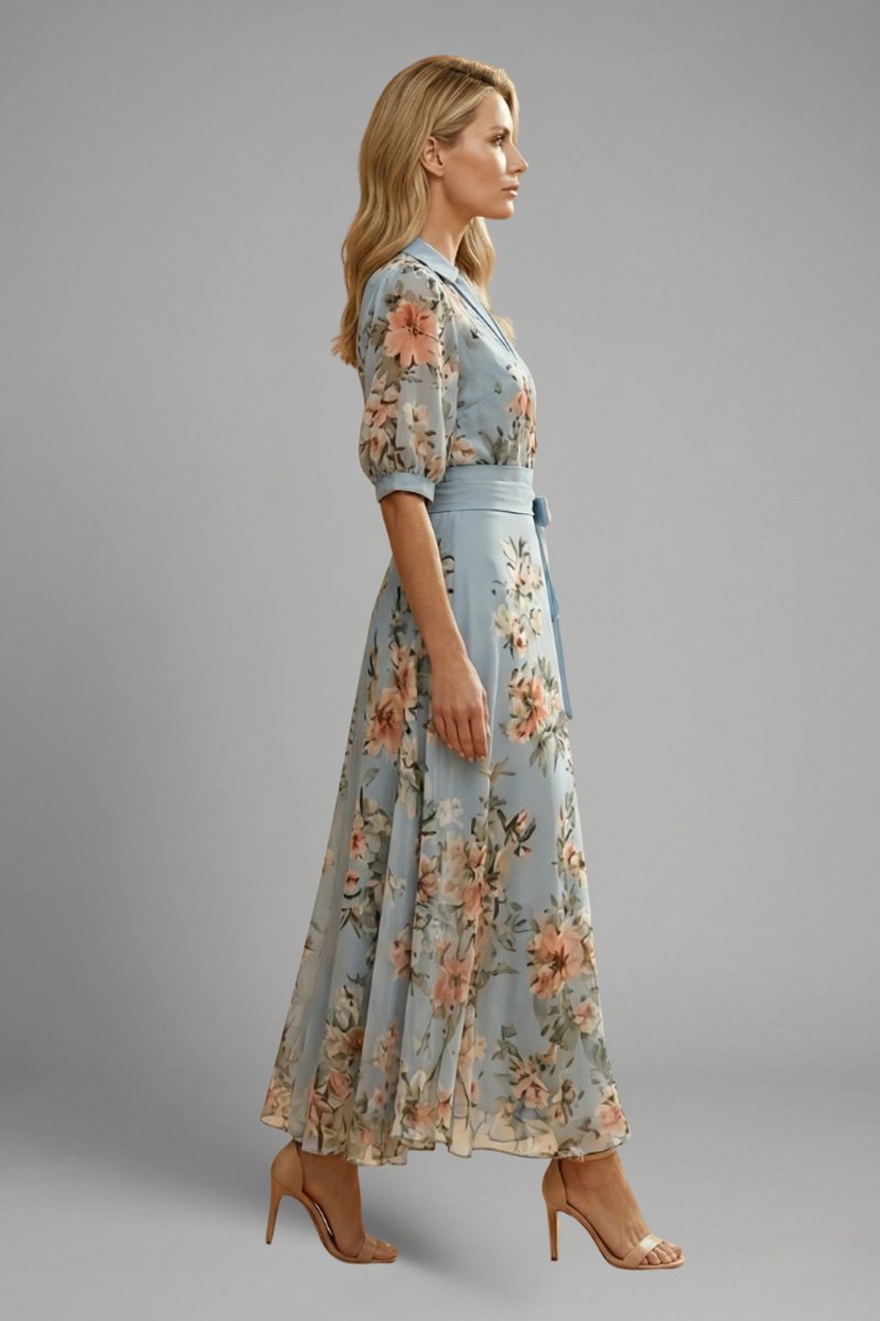 Women's Floral Chiffon Wrap Summer Dress Maxi V-Neck Tie Waist