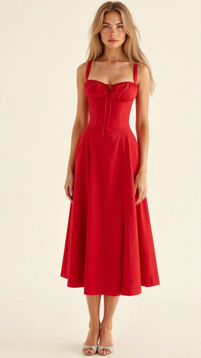Women's Floral Corset Midi Summer Dress Jumpsuit Slit Skirt - Red