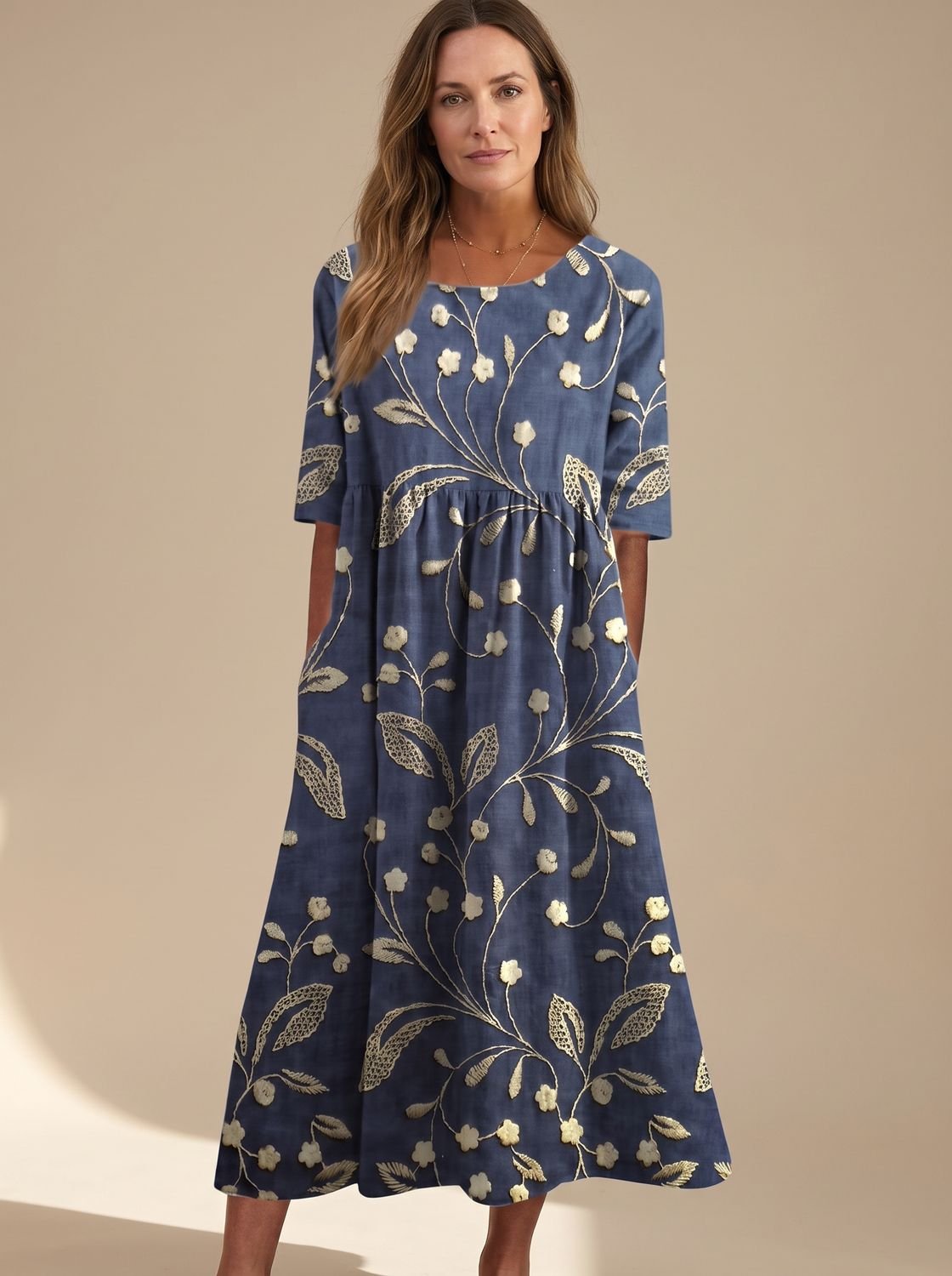 Women's Floral Embroidered Flowy Midi Dress Relaxed Fit - Navy Blue