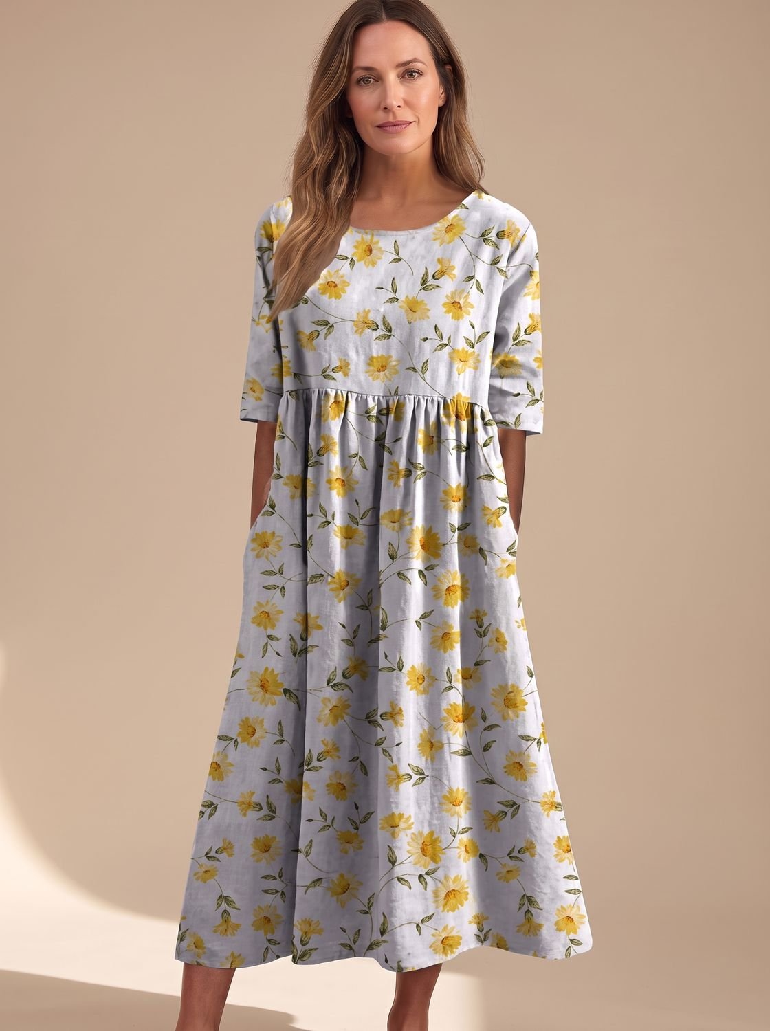 Women's Floral Embroidered Flowy Midi Dress Relaxed Fit - Light Yellow