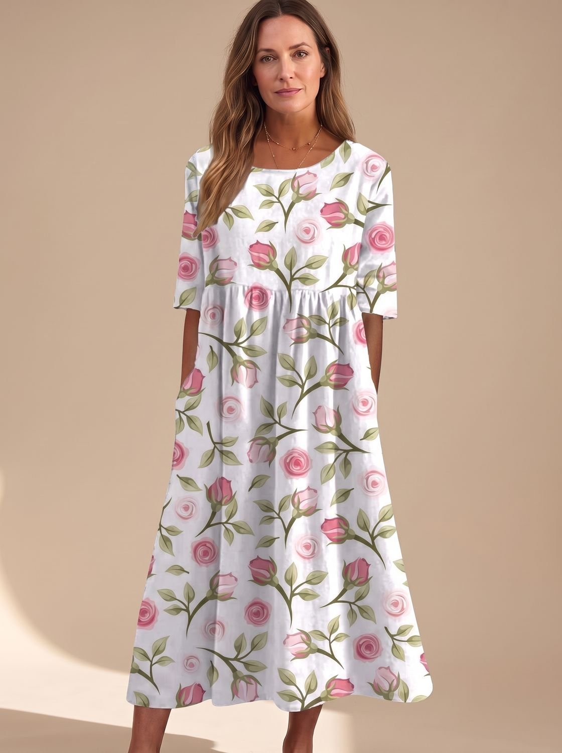 Women's Floral Embroidered Flowy Midi Dress Relaxed Fit - White Pink