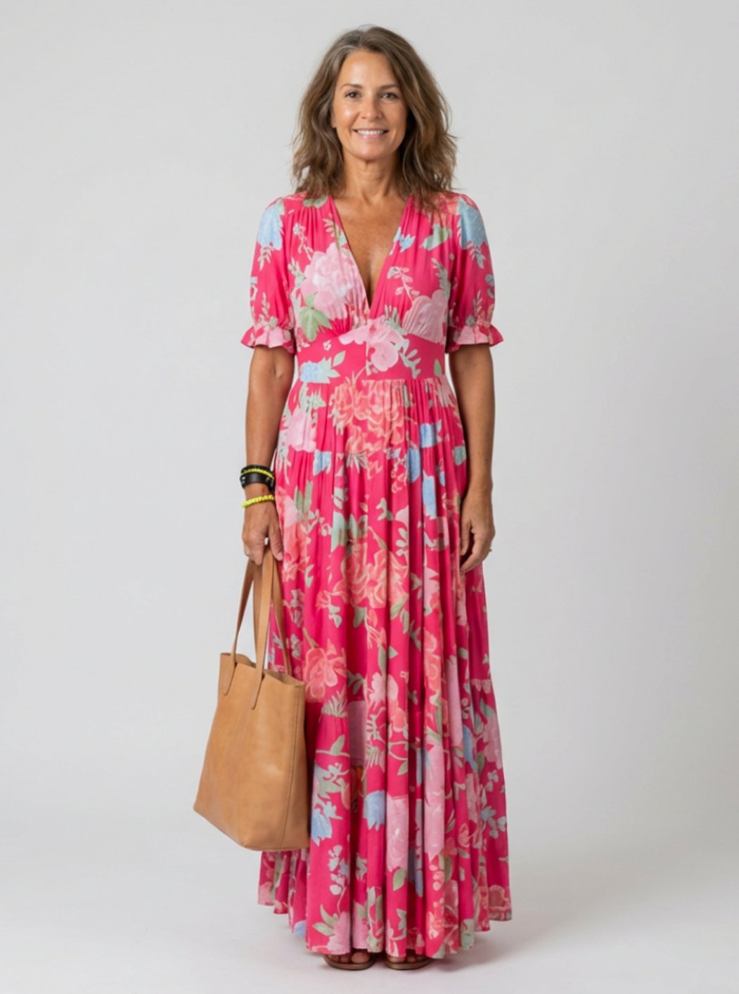 Women's Floral Flutter-Sleeve Gathered-Waist Maxi Spring Dress - Pink