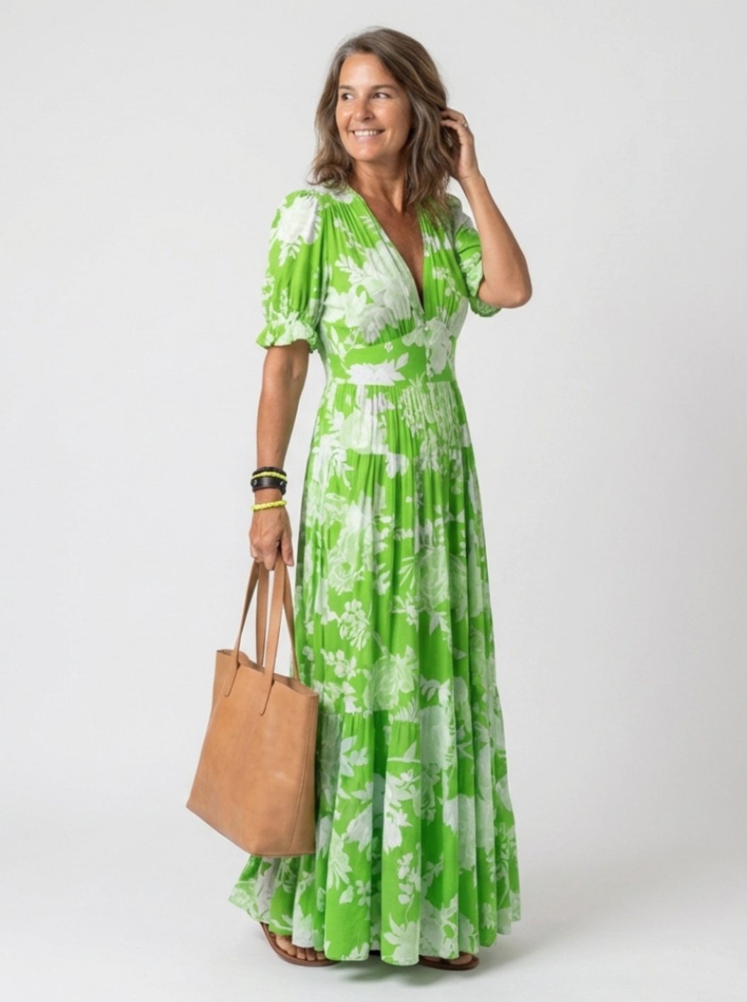 Women's Floral Flutter-Sleeve Gathered-Waist Maxi Spring Dress - Green