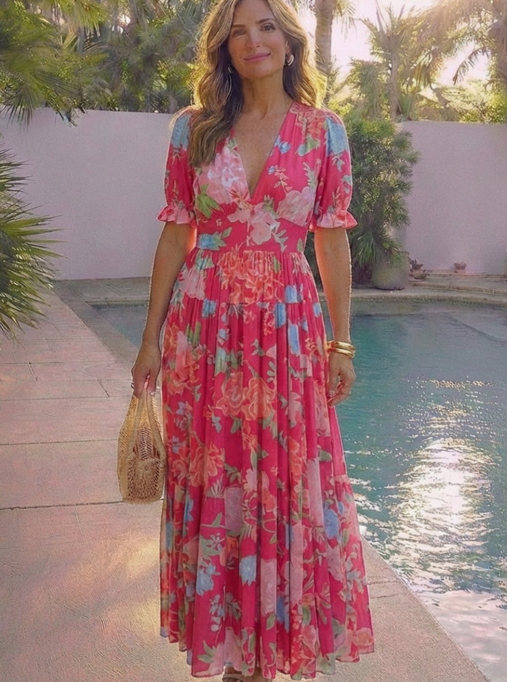 Women's Floral Flutter-Sleeve Gathered-Waist Maxi Spring Dress