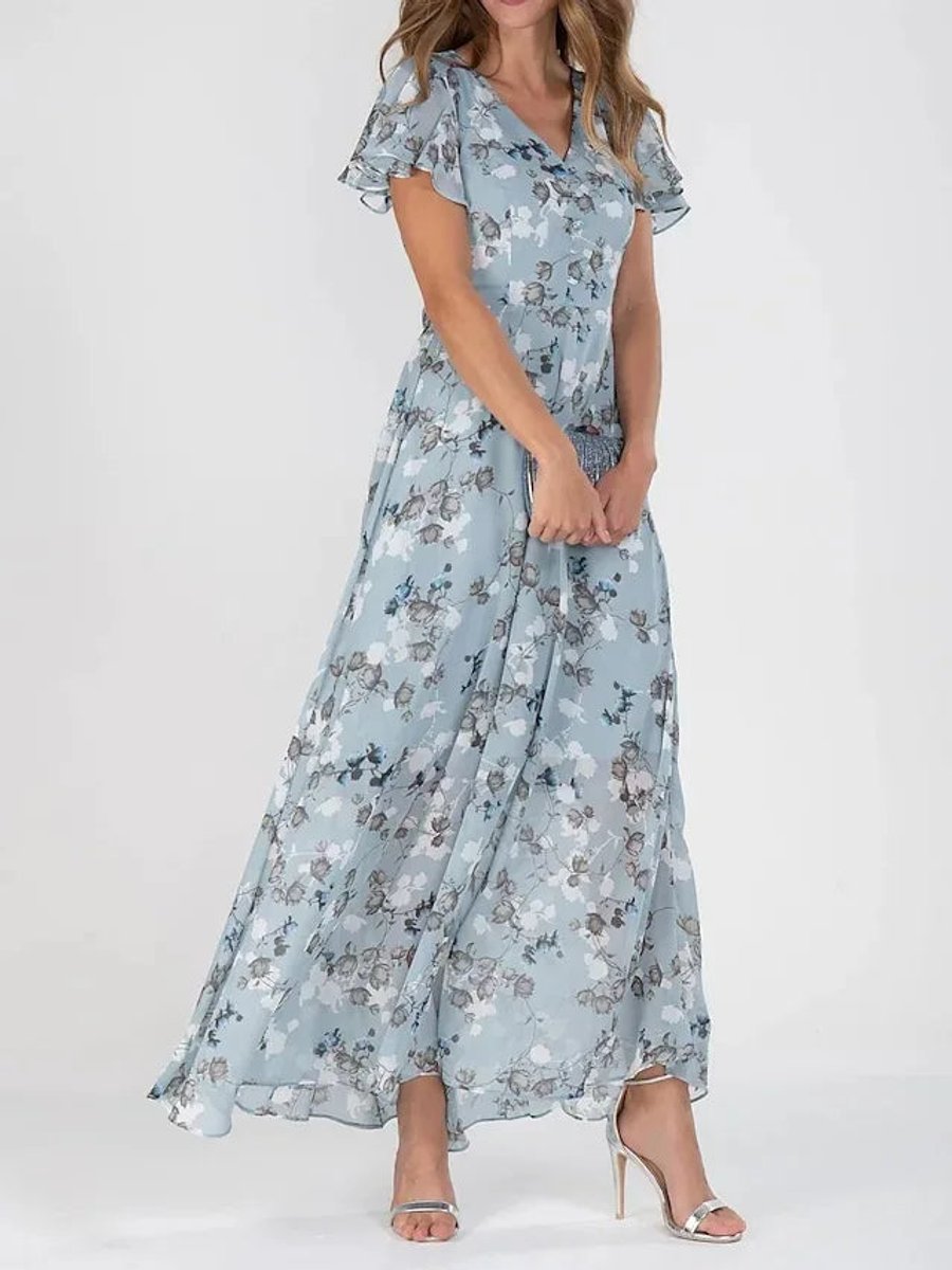 Women's Floral Flutter-Sleeve V Neck Dress Flowy Maxi - Blue