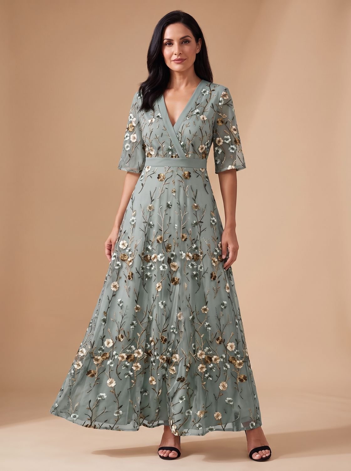 Women's Floral Formal Maxi Dress Deep V-Neck Flared Skirt - Green