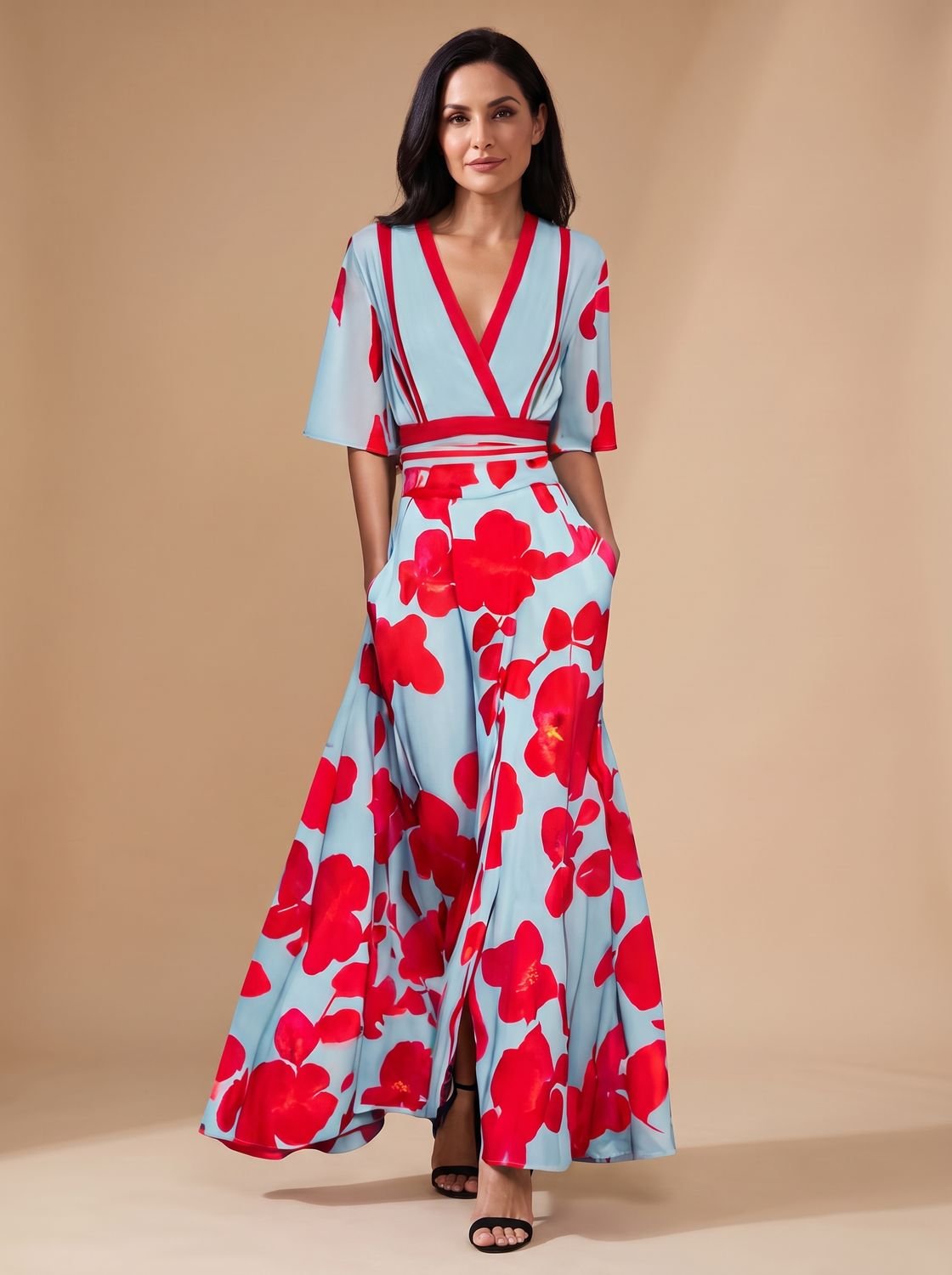 Women's Floral Formal Maxi Dress Deep V-Neck Flared Skirt - Red