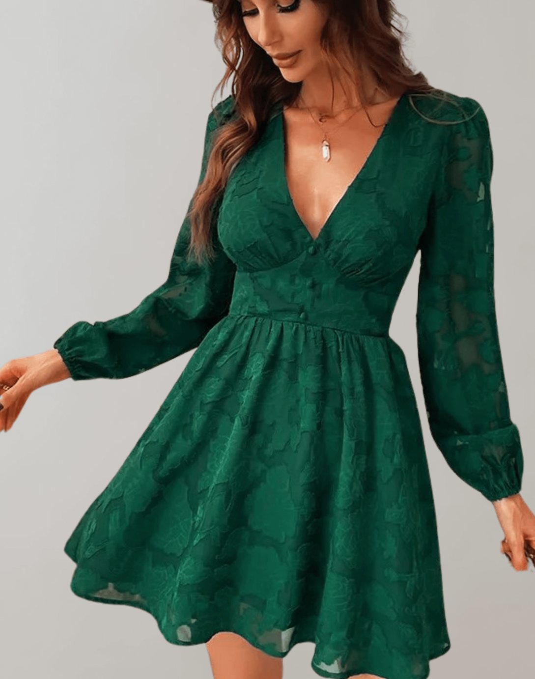 Women's Floral Jacquard V-Neck Long Sleeve Cocktail Dress, Green - Green