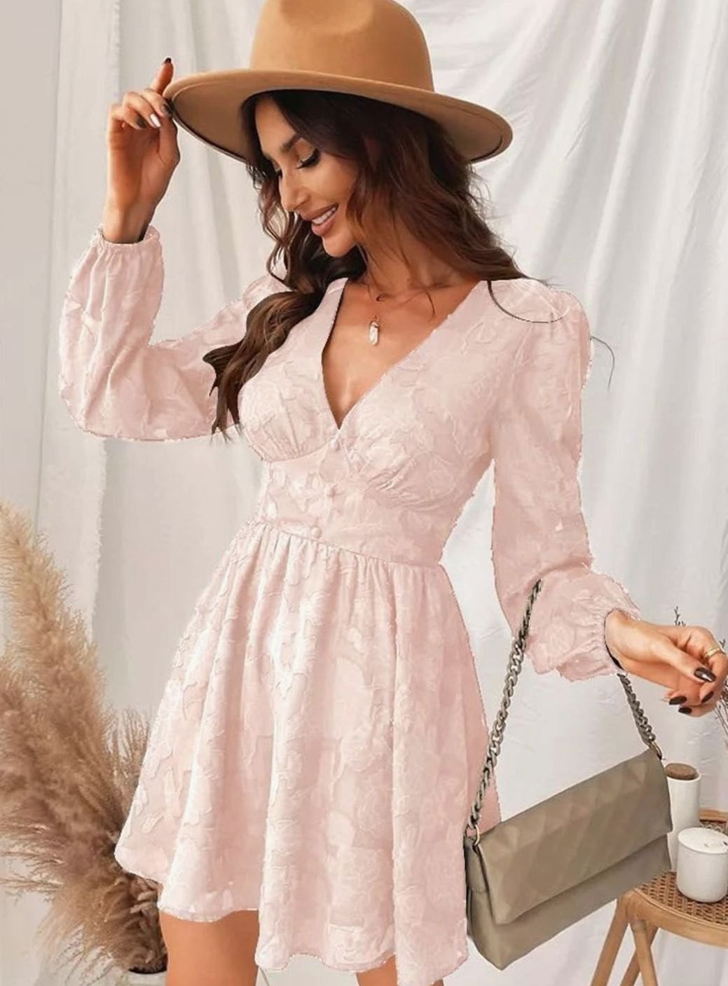 Women's Floral Jacquard V-Neck Long Sleeve Cocktail Dress, Green