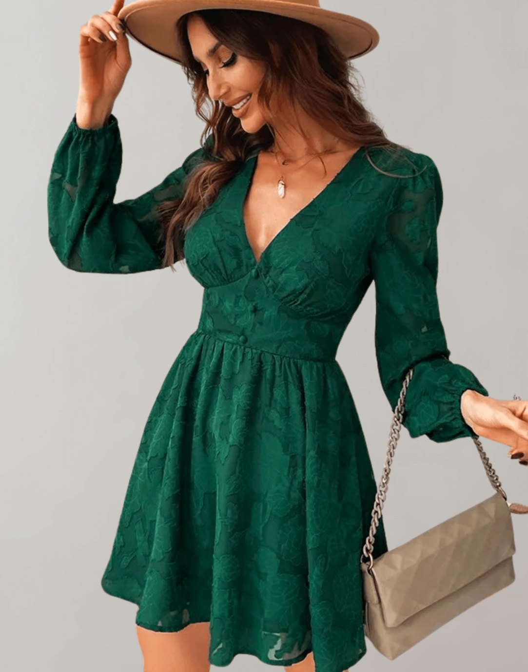 Women's Floral Jacquard V-Neck Long Sleeve Cocktail Dress, Green