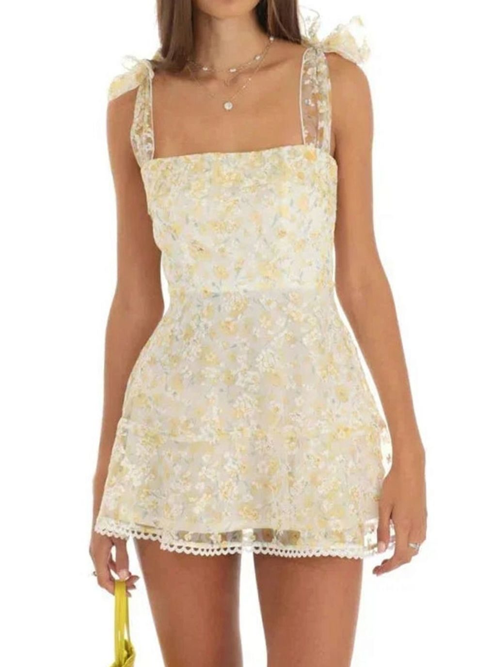 Women's Floral Lace A-Line Mini Wedding Guest Dress - Light Yellow