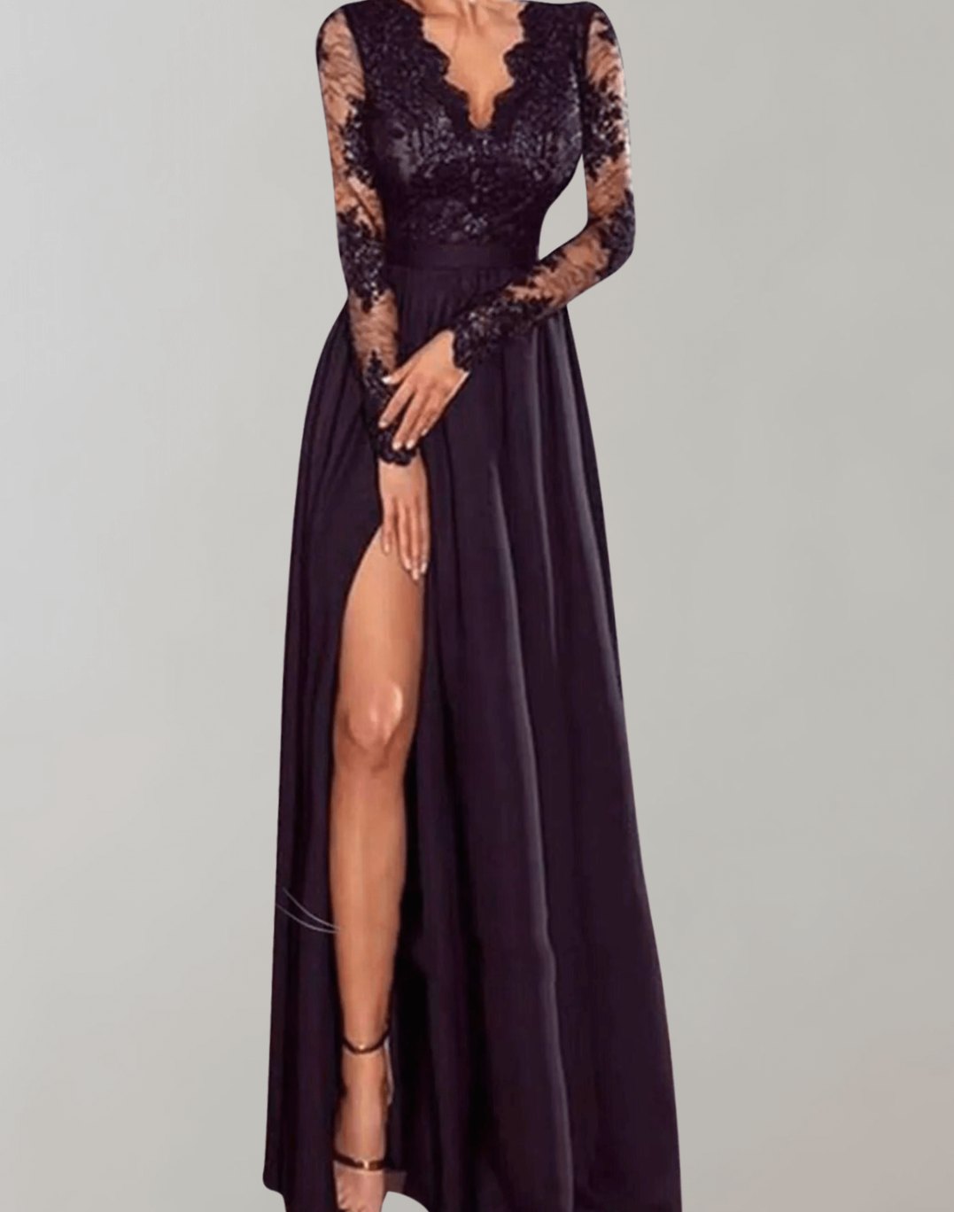 Women's Floral Lace Long-Sleeve Maxi Evening Dress High Slit