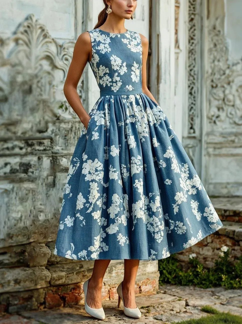 Women's Floral Linen Cotton Blend Sleeveless Midi Dress - Blue