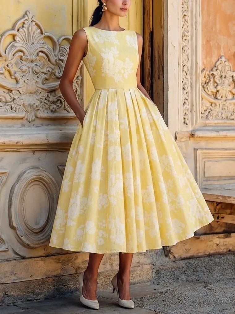 Women's Floral Linen Cotton Blend Sleeveless Midi Dress - Yellow