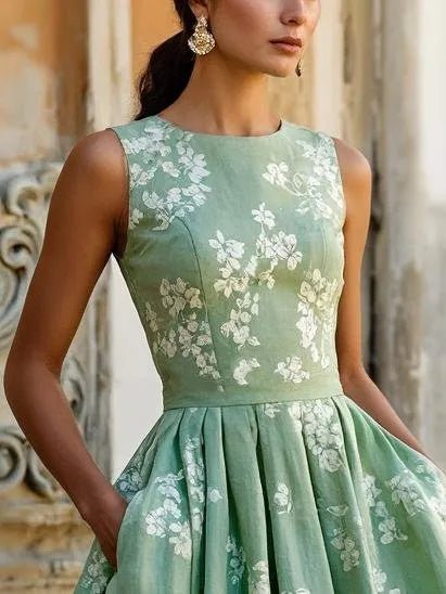 Women's Floral Linen Cotton Blend Sleeveless Midi Dress