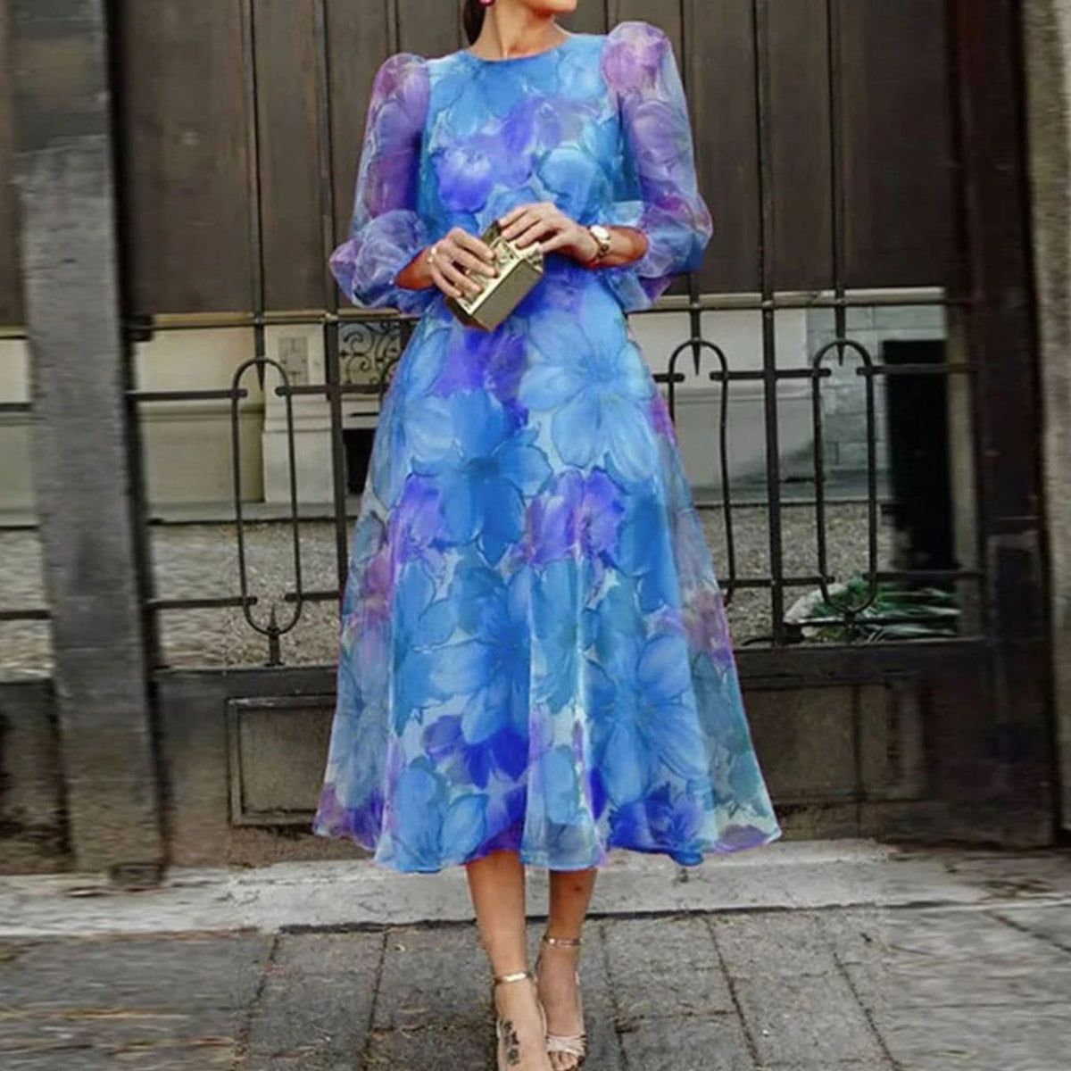 Women's Floral Long-Sleeve Midi Wedding Guest Dress