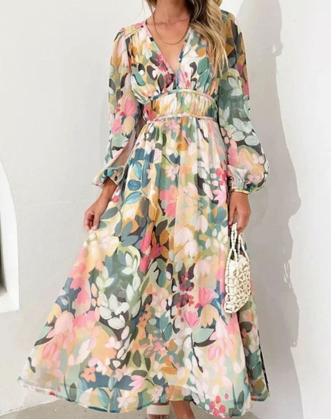 Women's Floral Long-Sleeve V-Neck Fitted-Waist Maxi Dress