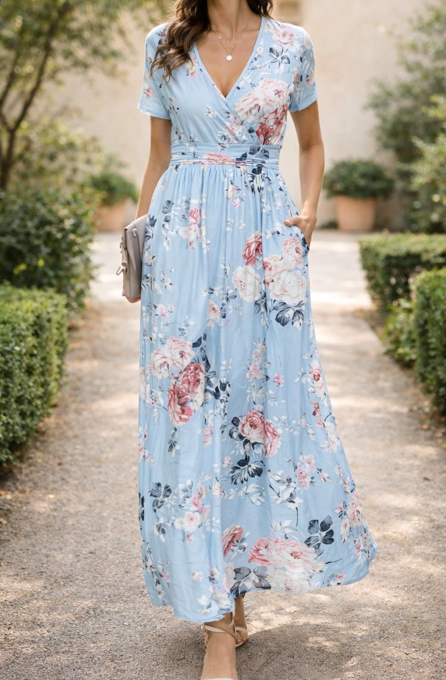 Women's Floral Long-Sleeve V-Neck Fitted-Waist Maxi Dress - Blue