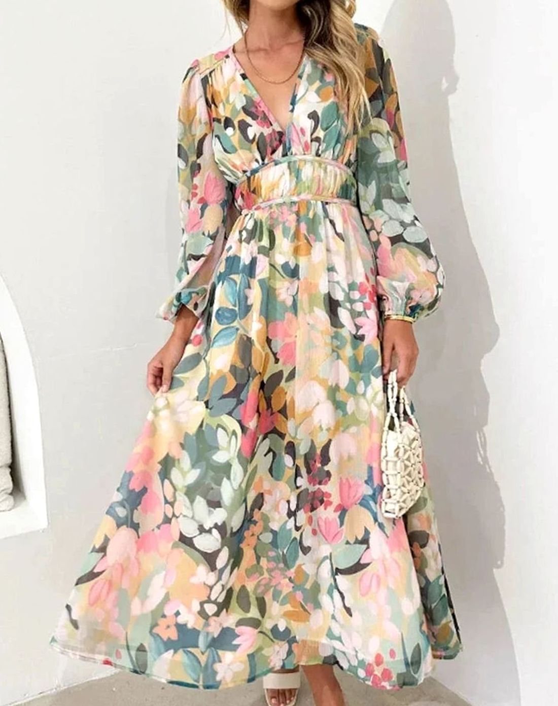 Women's Floral Long-Sleeve V-Neck Fitted-Waist Maxi Dress - Green