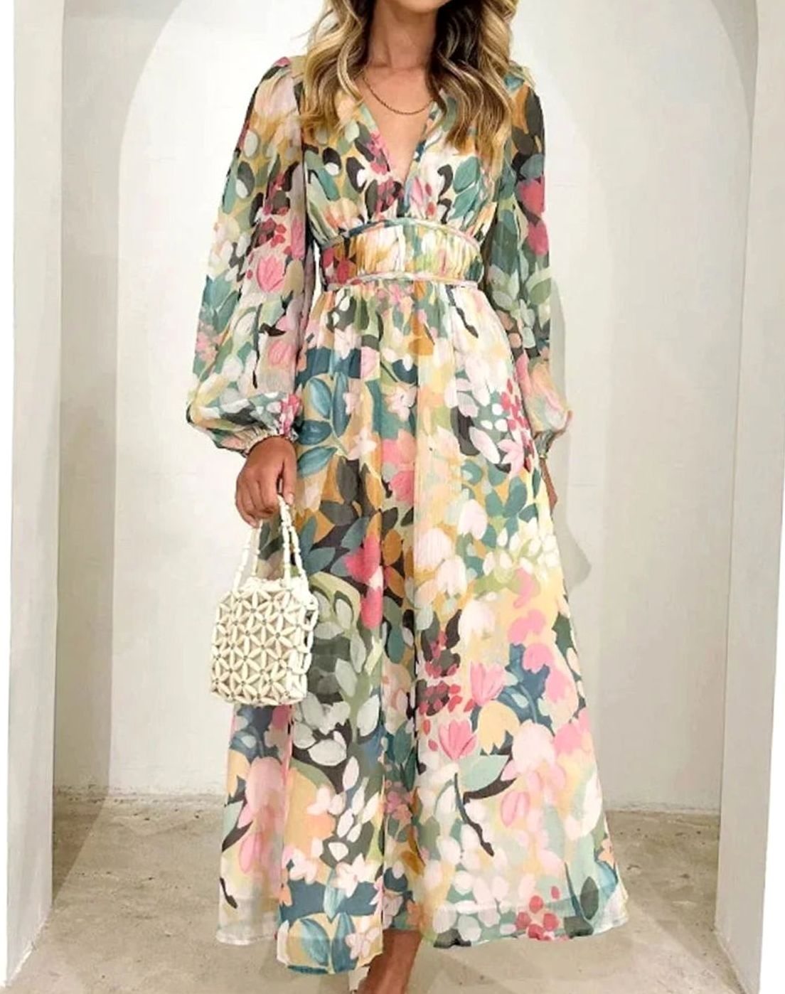 Women's Floral Long-Sleeve V-Neck Fitted-Waist Maxi Dress