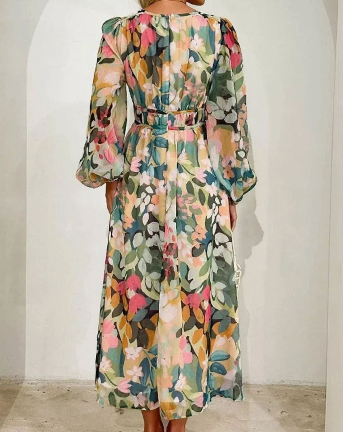 Women's Floral Long-Sleeve V-Neck Fitted-Waist Maxi Dress