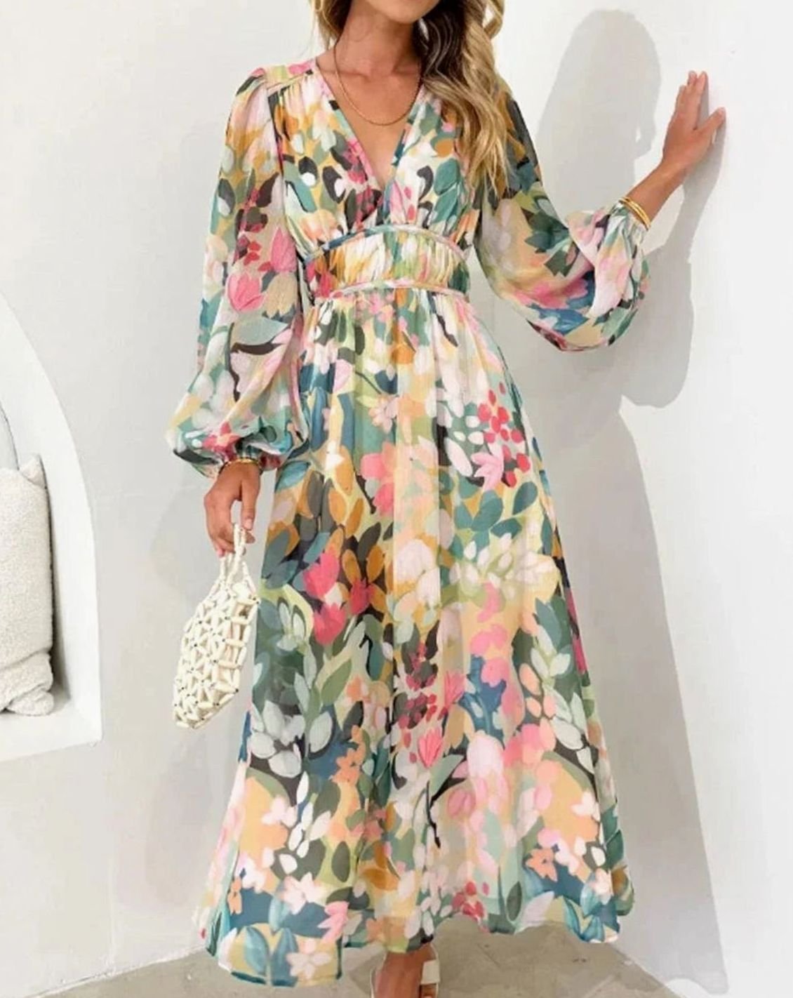 Women's Floral Long-Sleeve V-Neck Fitted-Waist Maxi Dress