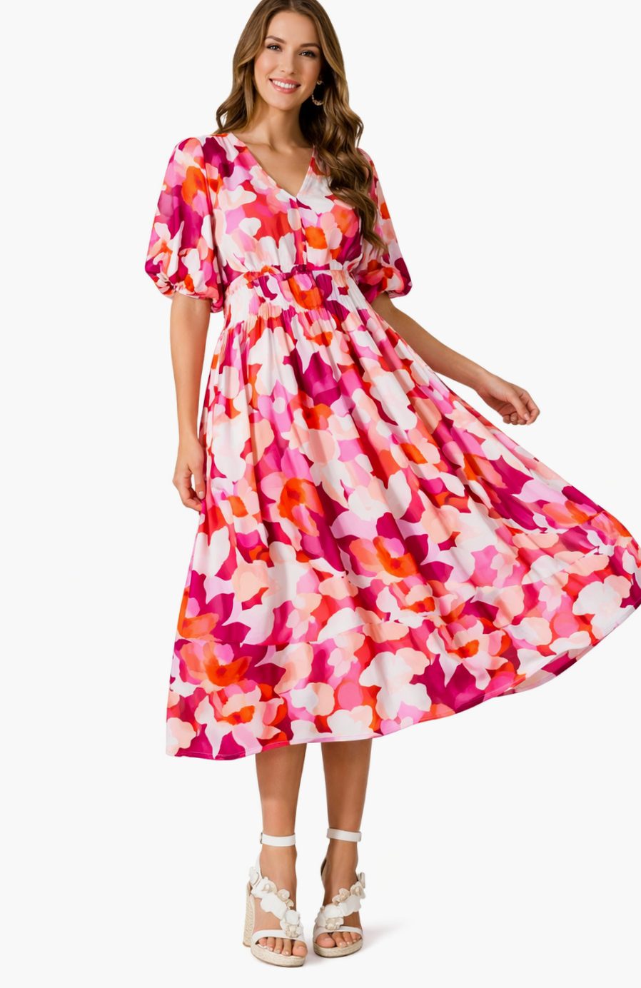 Women's Floral Long-Sleeve V-Neck Fitted-Waist Maxi Dress