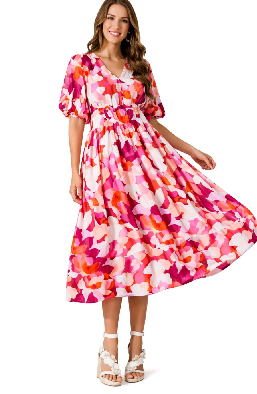 Women's Floral Long-Sleeve V-Neck Fitted-Waist Maxi Dress - Red