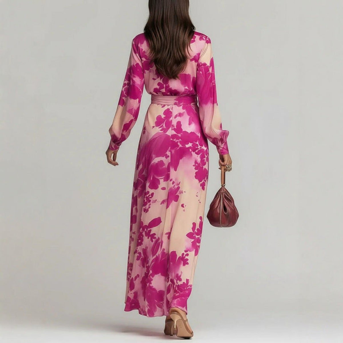 Women's Floral Long-Sleeve Wrap Summer Dress Maxi Satin