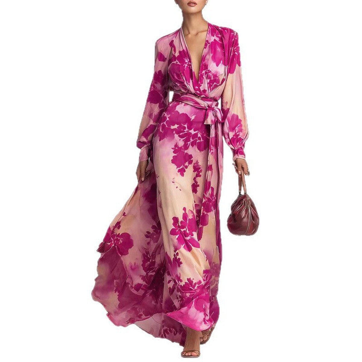 Women's Floral Long-Sleeve Wrap Summer Dress Maxi Satin