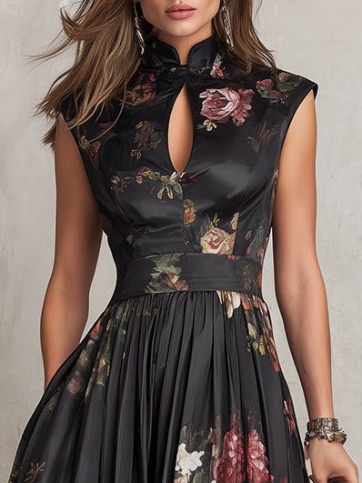 Women's Floral Mandarin-Collar A-Line Midi Formal Dress