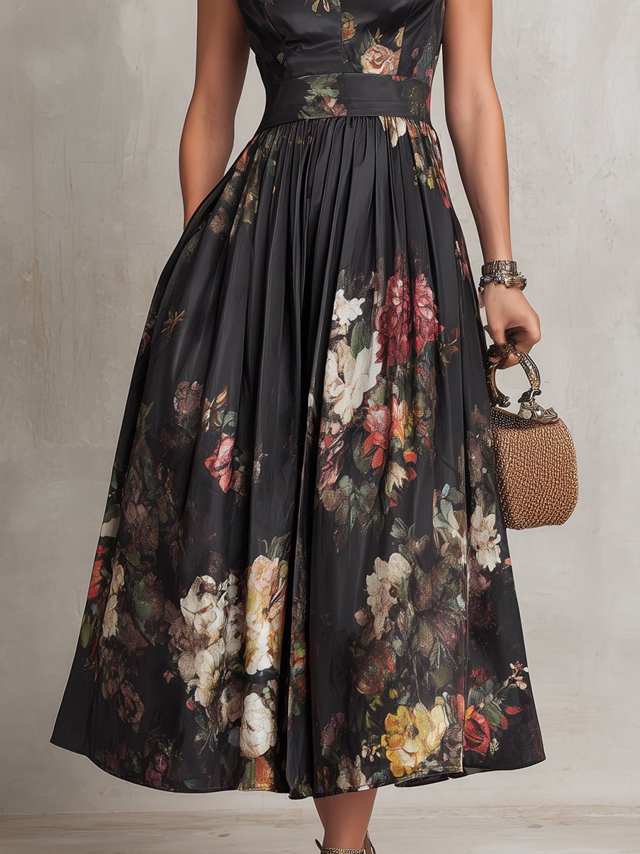 Women's Floral Mandarin-Collar A-Line Midi Formal Dress