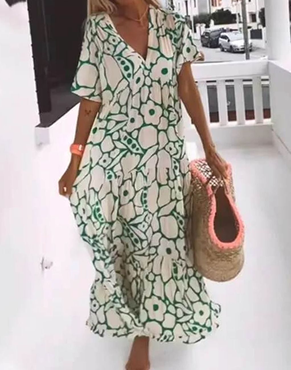 Women's Floral Maxi Dress Boho V-Neck Short Sleeve Summer - Green