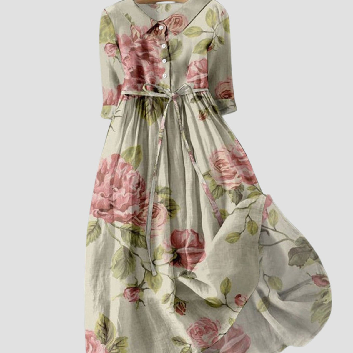 Women's Floral Maxi Dress Button-Front Belted Lapel Collar