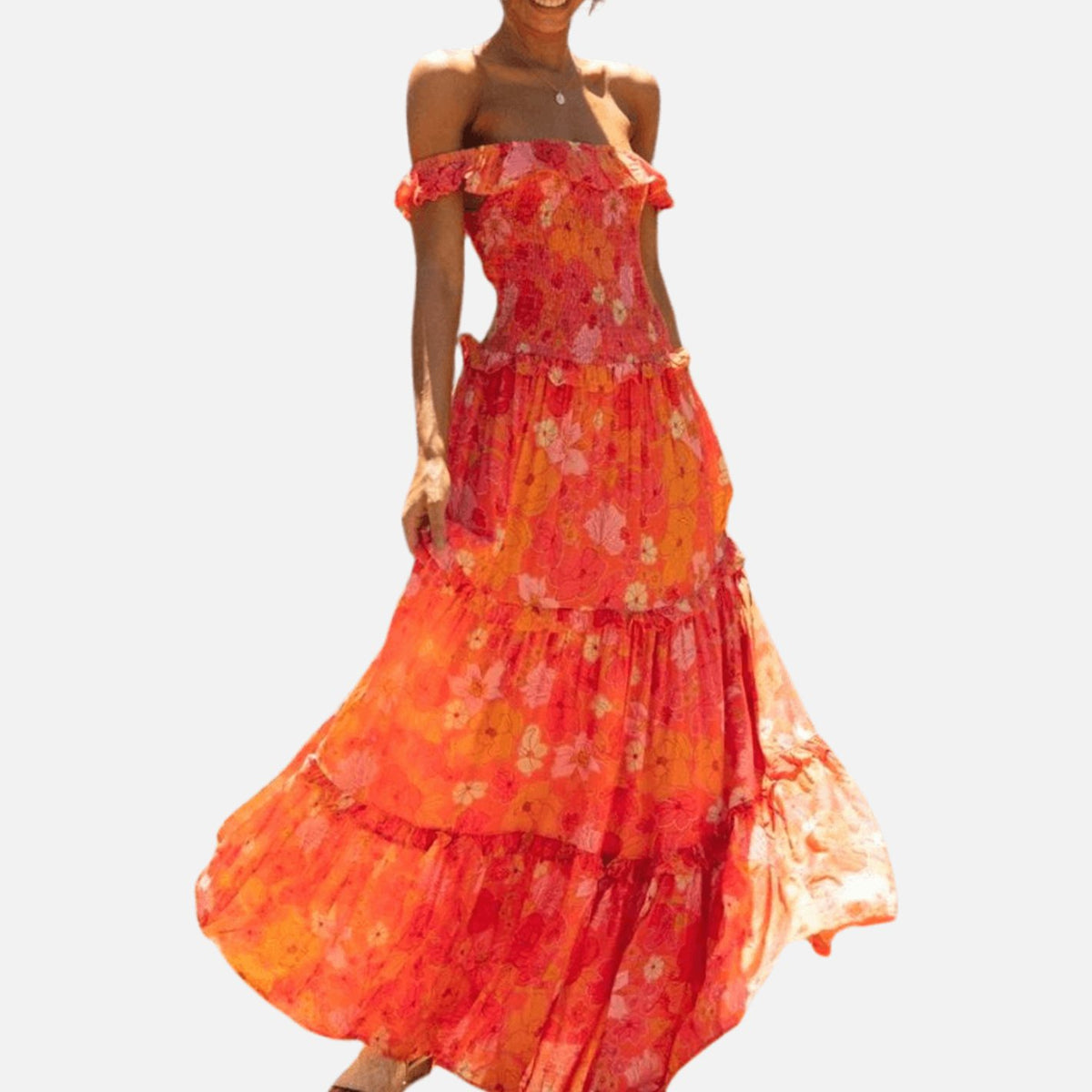Women's Floral Maxi Dress Off-Shoulder Tiered Flowy Sundress