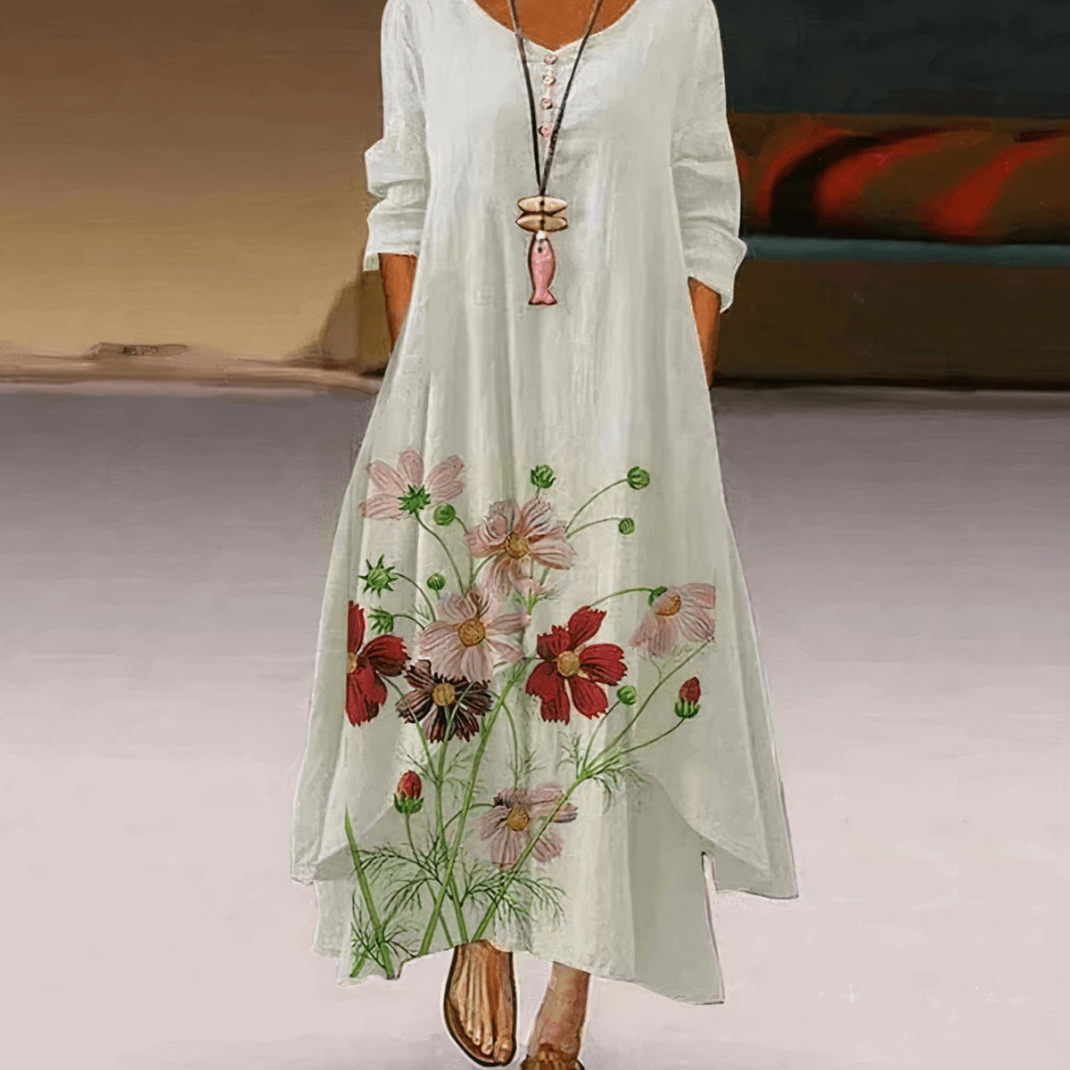 Women's Floral Maxi Long-Sleeve Relaxed-Fit Casual Dress - Watercolor Dreams