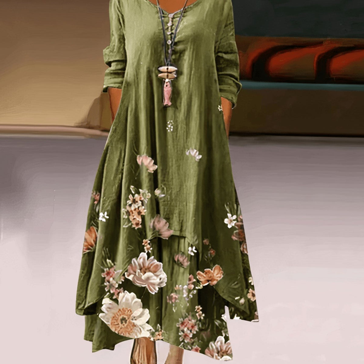 Women's Floral Maxi Long-Sleeve Relaxed-Fit Casual Dress - Dragonfly Dance