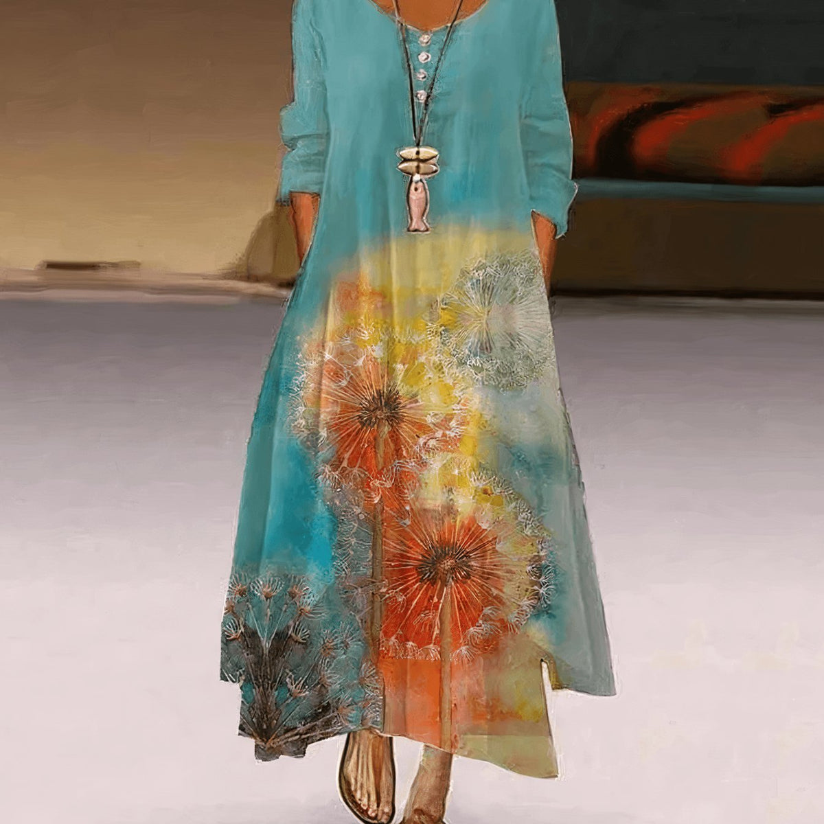 Women's Floral Maxi Long-Sleeve Relaxed-Fit Casual Dress - Lavender Floral