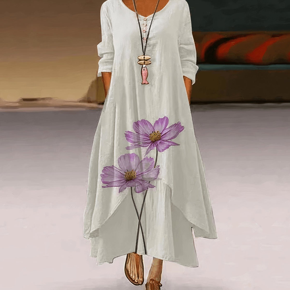 Women's Floral Maxi Long-Sleeve Relaxed-Fit Casual Dress - Floral