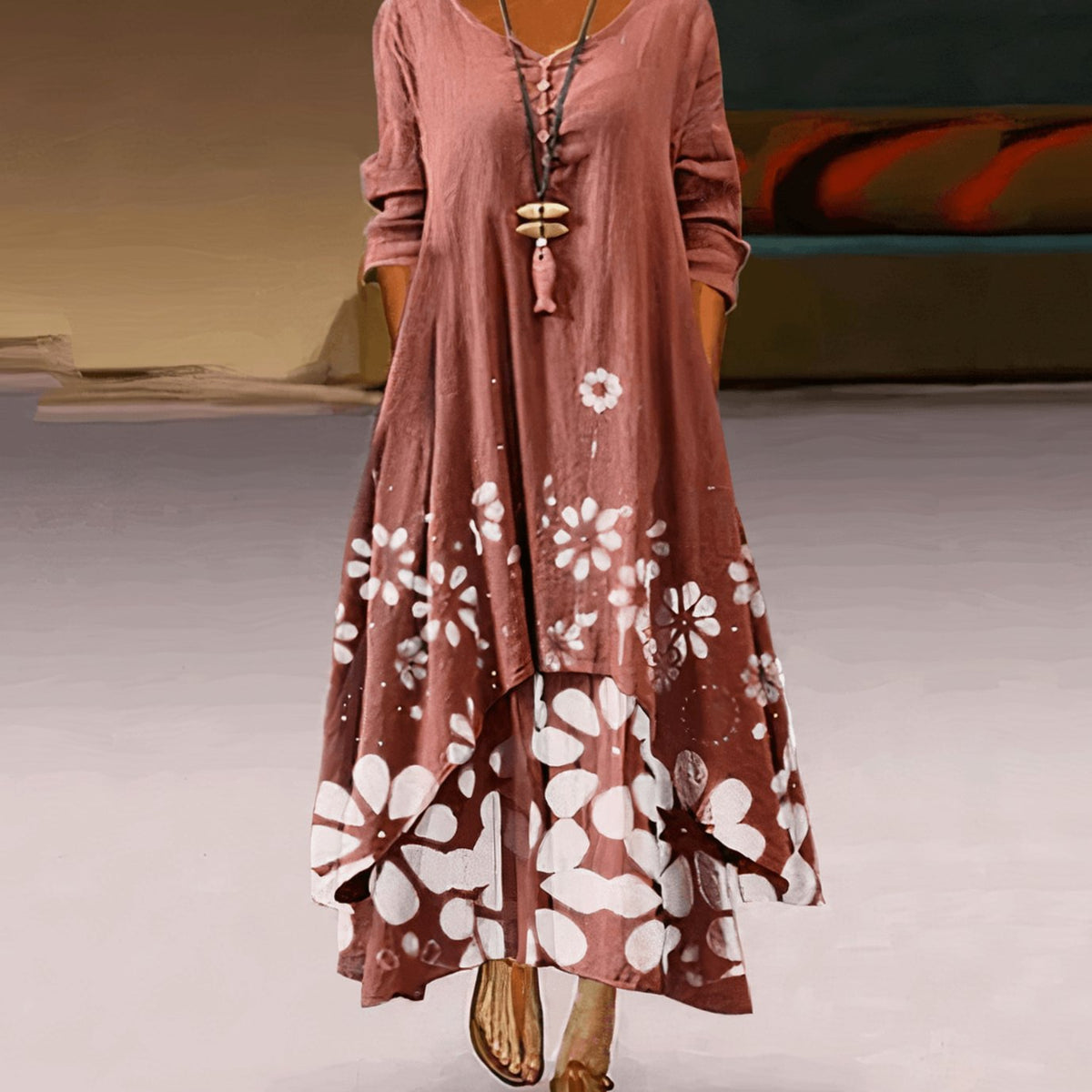 Women's Floral Maxi Long-Sleeve Relaxed-Fit Casual Dress - Suede Floral