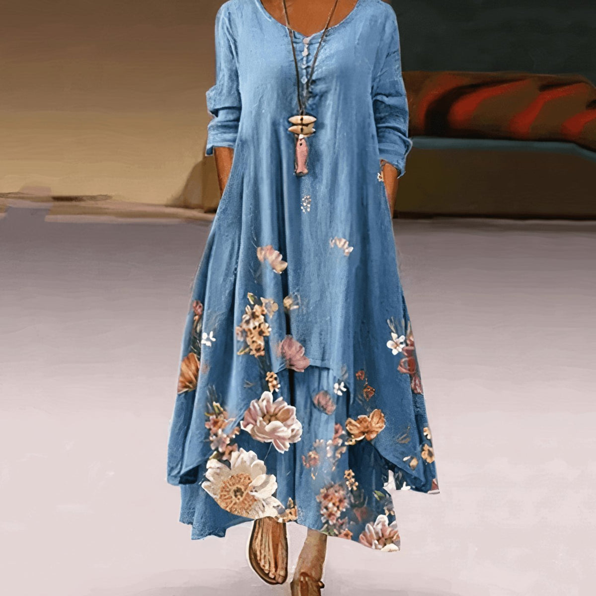 Women's Floral Maxi Long-Sleeve Relaxed-Fit Casual Dress - Blue Floral