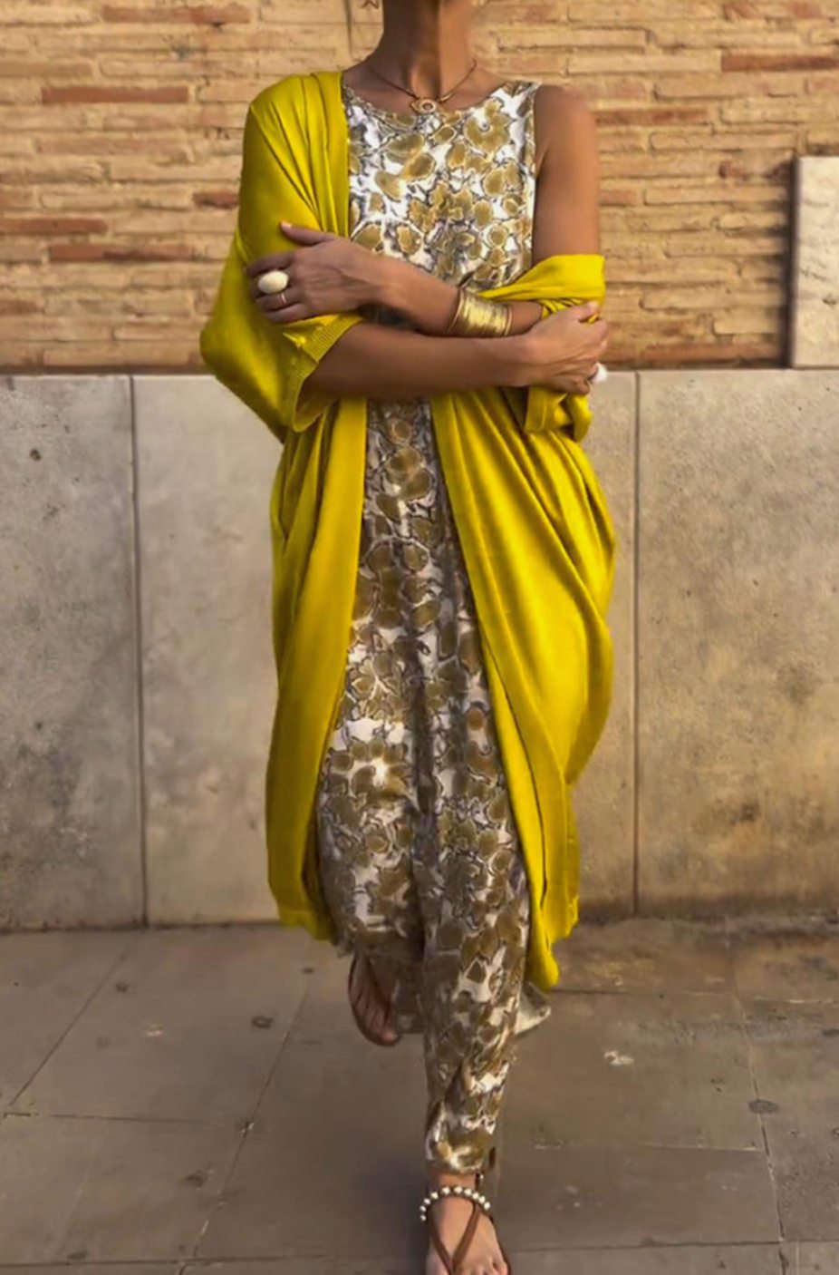 Women's Floral Maxi Sundress Sleeveless Wrap Cardigan Set - Gold