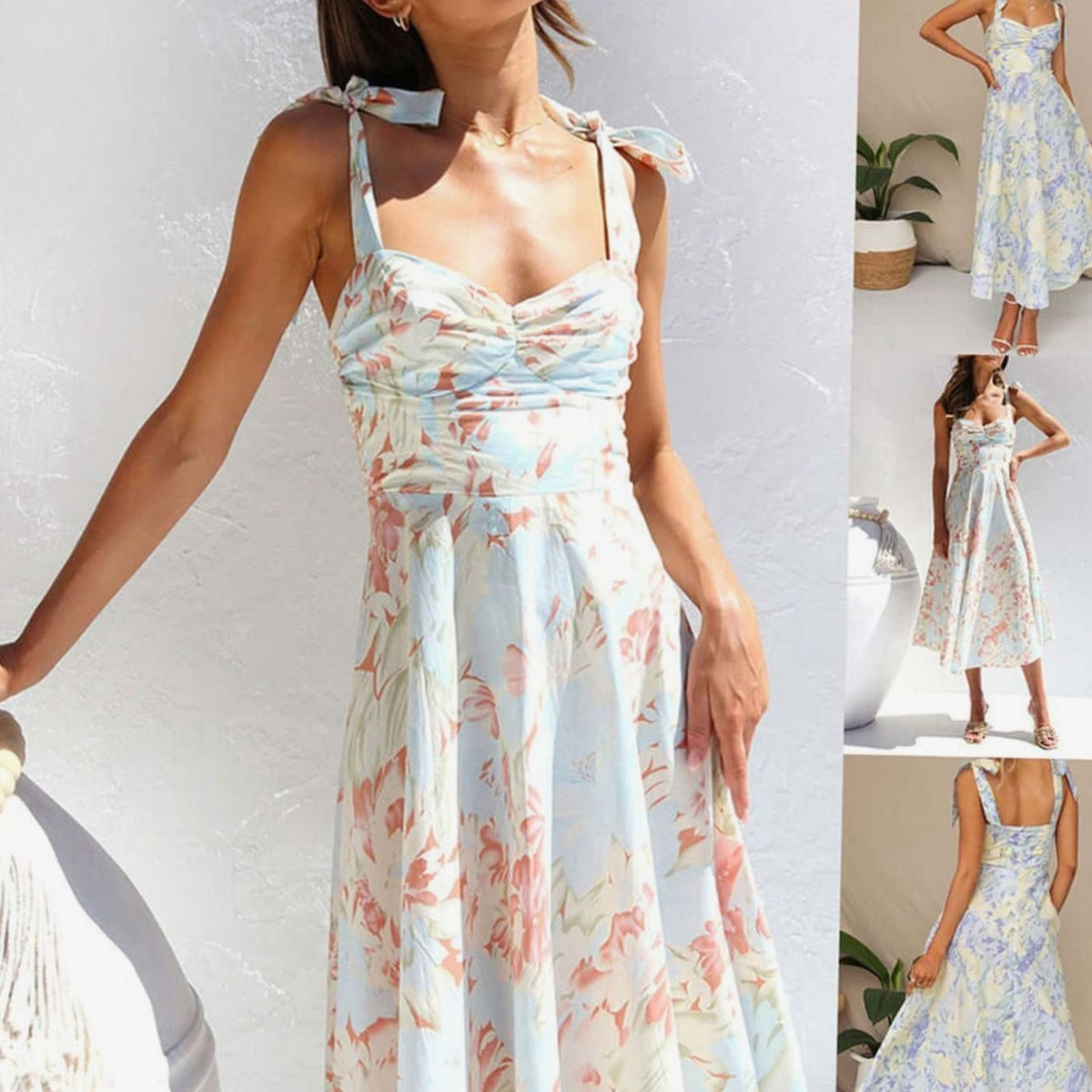 Women's Floral Midi Wedding Guest Dress Tie-Shoulder A-Line, Light Blue