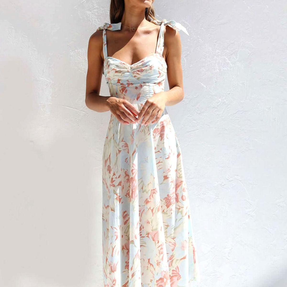 Women's Floral Midi Wedding Guest Dress Tie-Shoulder A-Line, Light Blue