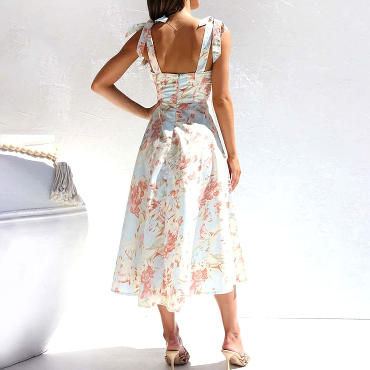 Women's Floral Midi Wedding Guest Dress Tie-Shoulder A-Line, Light Blue